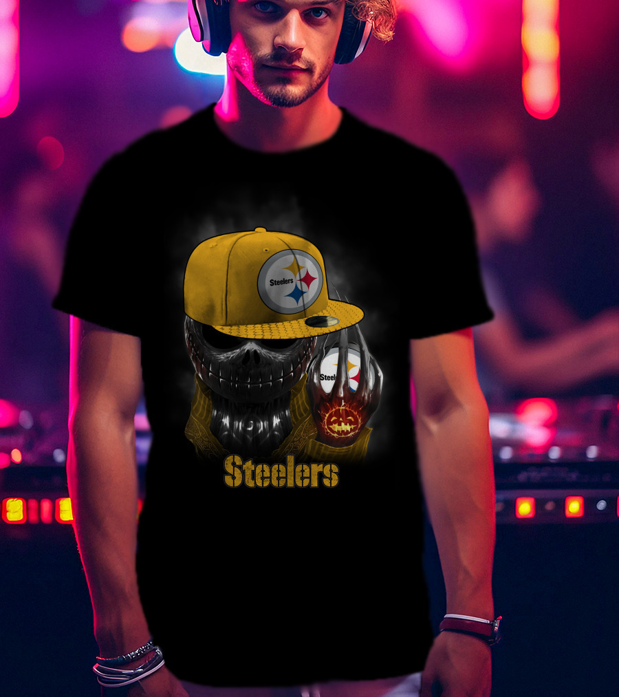 Steelers Skull With Yellow Cap And Pumpkin-Hand T-Shirt