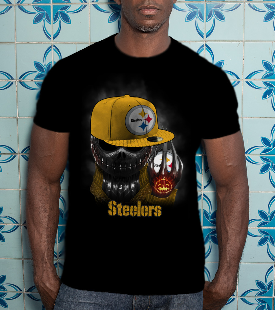 Steelers Skull With Yellow Cap And Pumpkin-Hand T-Shirt