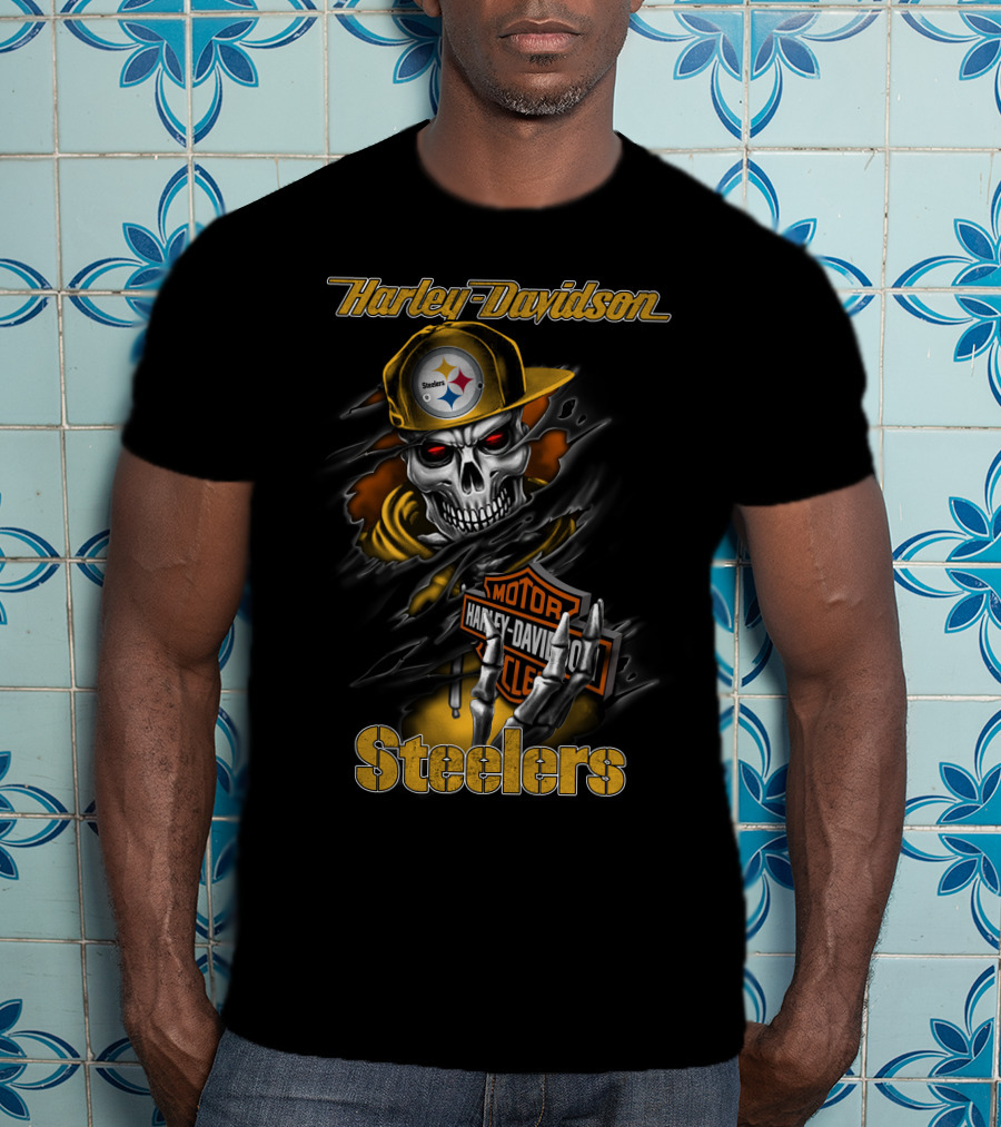 Harley Davidson Pittsburgh Steelers Skeleton Moto Nfl T-Shirt