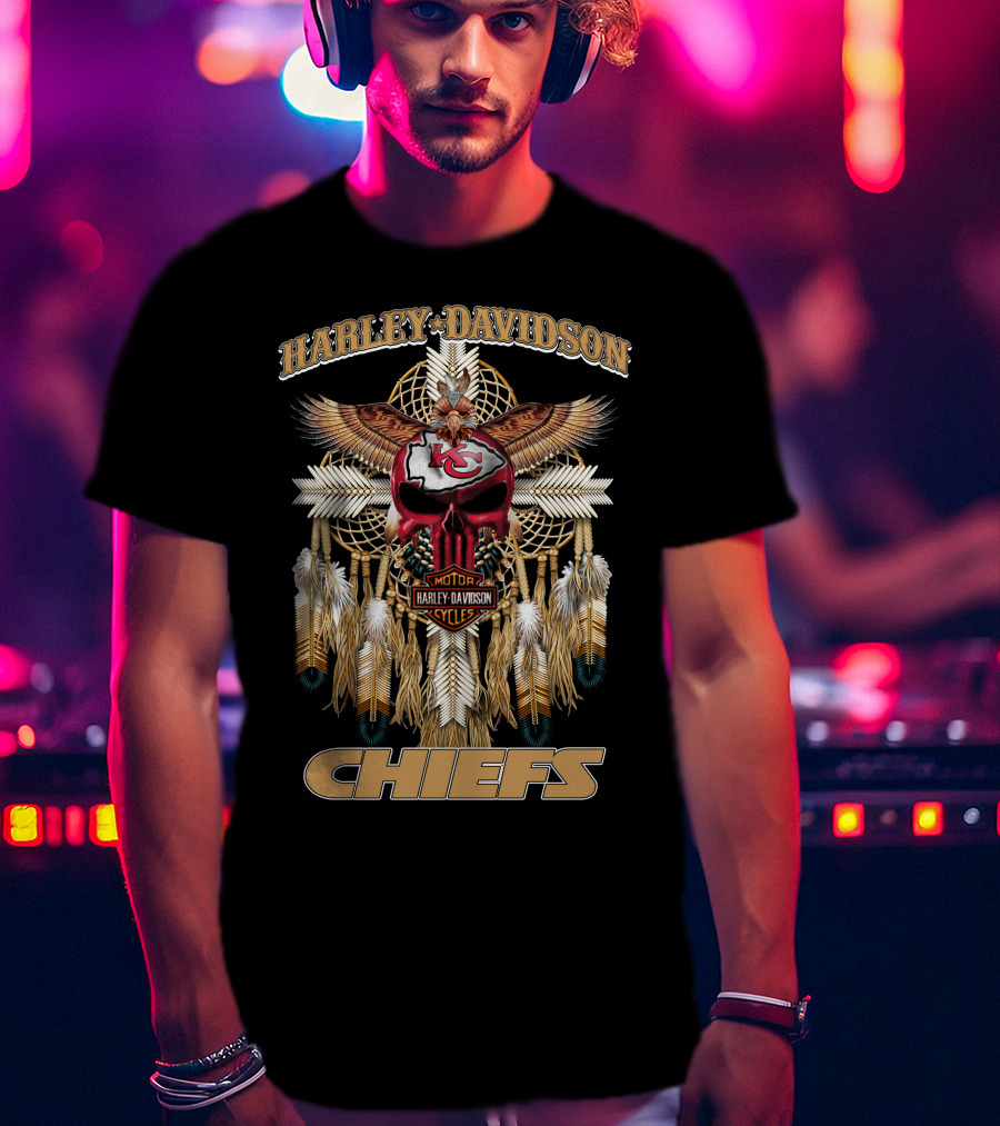 Harley Davidson Motor Cycles Kansas City Chiefs Eagles Feathers Dreamcatcher T-Shirt