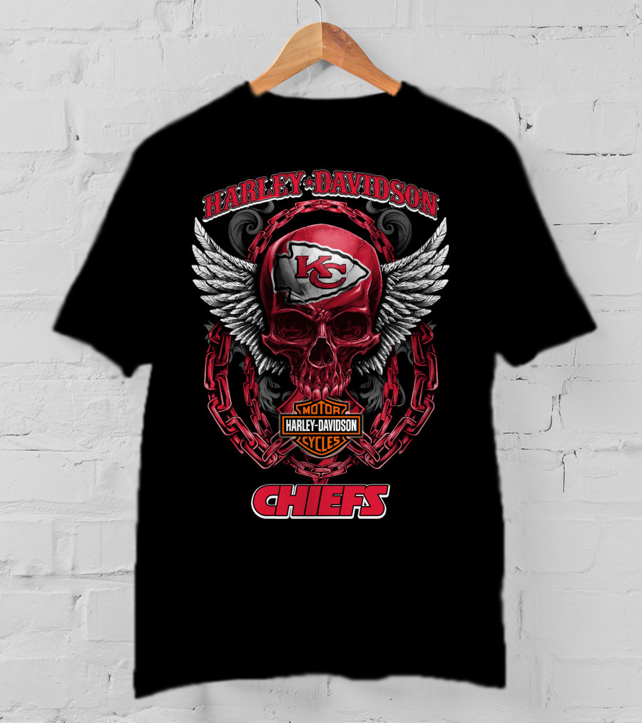 Harley Davidson Kansas City Chiefs Nfl Motorcycles 04 Chiefs Logo Skull Wings T-Shirt
