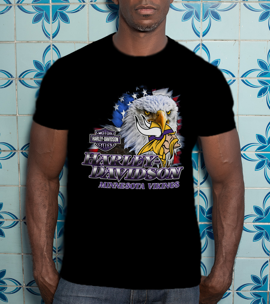 Harley Davidson Minnesota Vikings Nfl Eagles American Flag T-Shirt