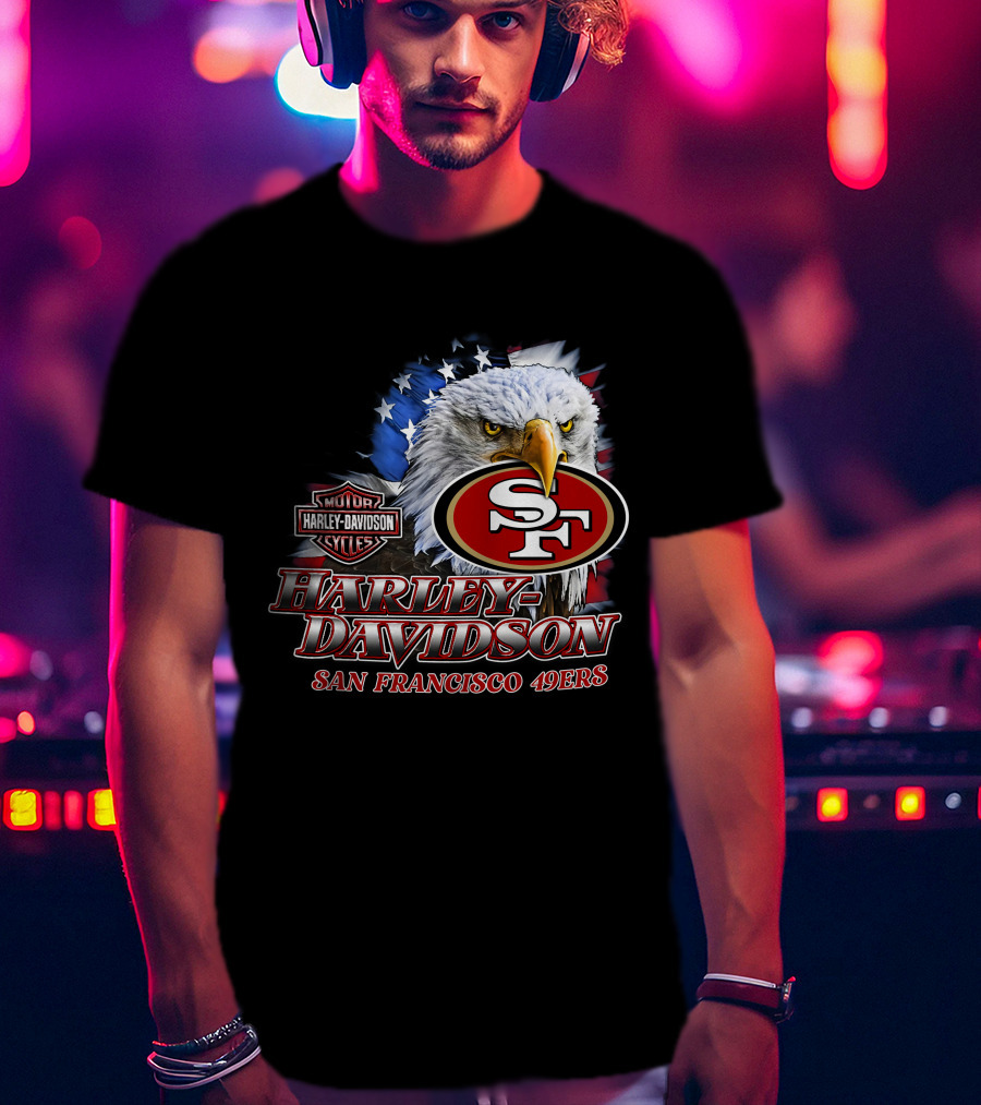 Harley Davidson San Francisco 49ers Nfl Eagles Logo With American Flag T-Shirt