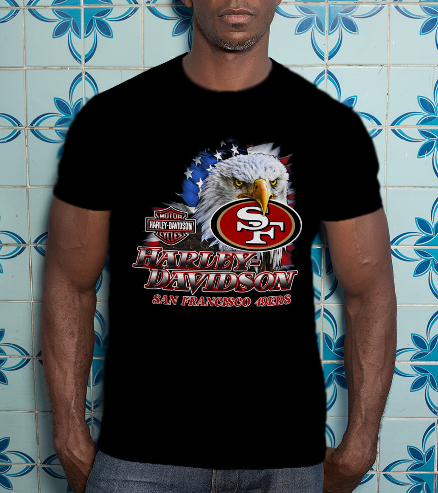Harley Davidson San Francisco 49ers Nfl Eagles Logo With American Flag T-Shirt