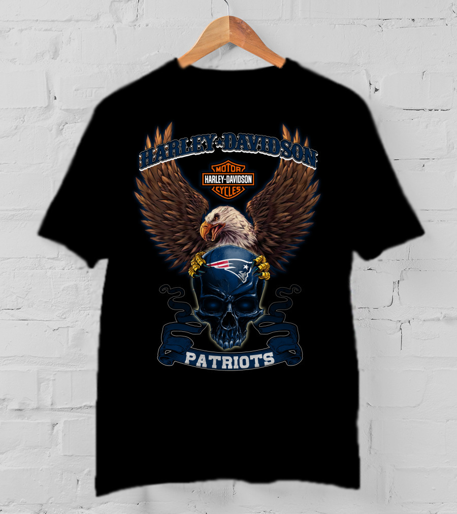 New England Patriots Harley Davidson Motor Cycles Eagle Skull T-Shirt