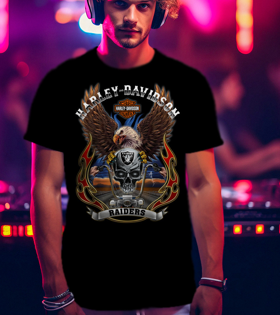 Las Vegas Raiders Nfl Harley Davidson Motorcycles Eagles Road Skull Flames T-Shirt
