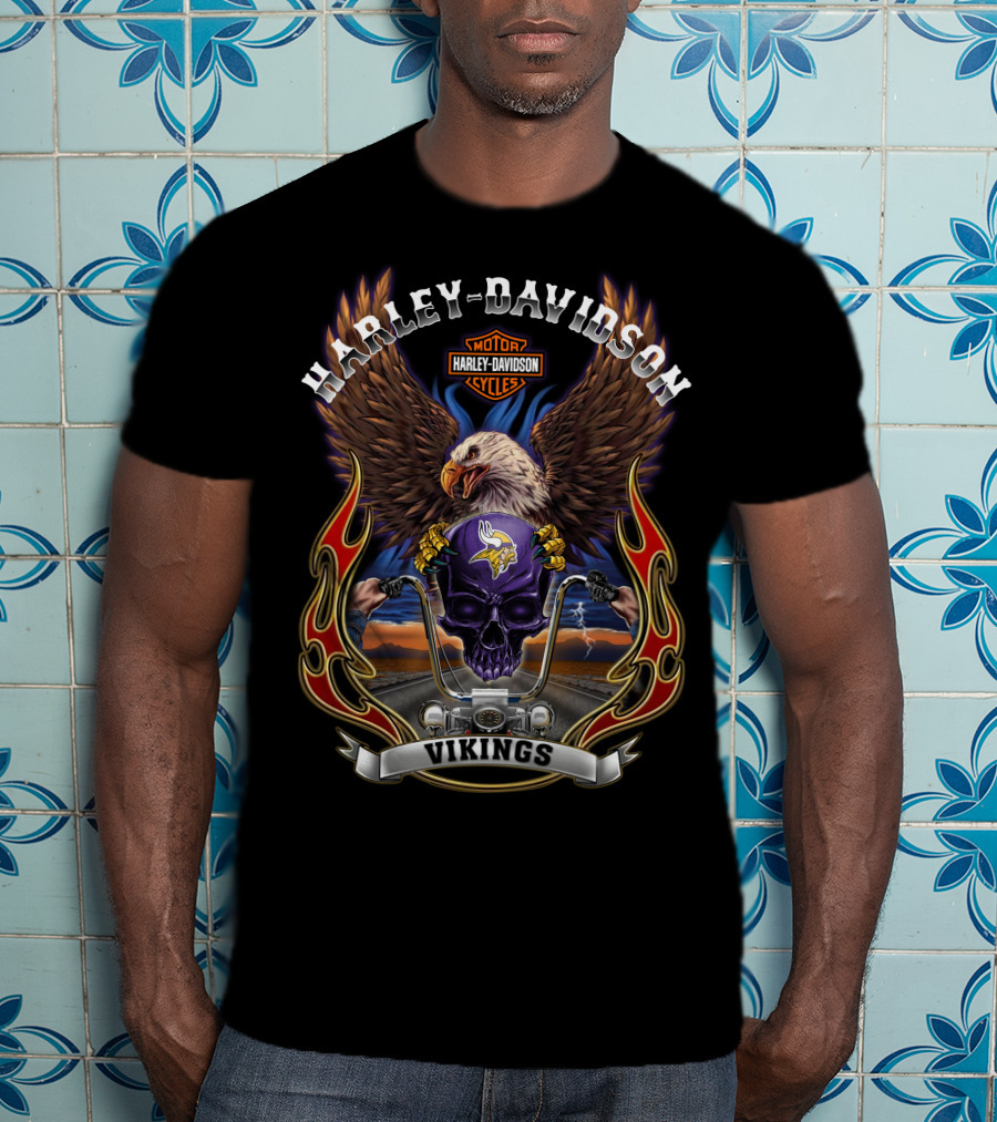 Harley Davidson Motor Cycles Vikings Minnesota Nfl Eagle Skull T-Shirt