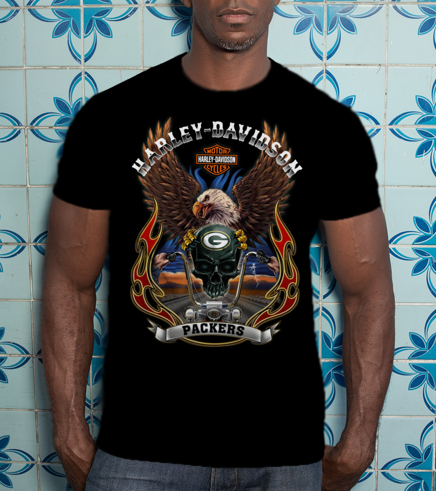 Harley Davidson Motor Cycles Packers Green Bay Eagle Skull T-Shirt