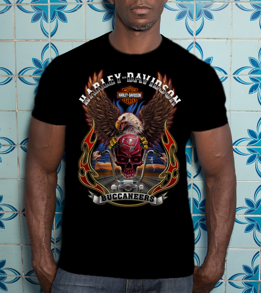 Harley Davidson Tampa Bay Buccaneers Motorcycle Eagle Flag Logo T-Shirt