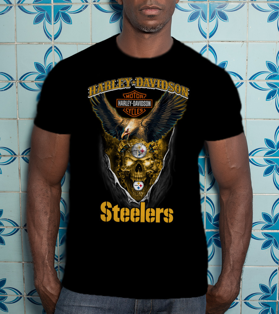Harley Davidson Motor Cycles Pittsburgh Steelers Skull Eagle T-Shirt