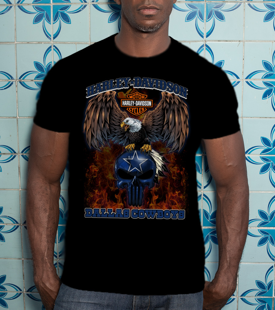 Harley Davidson Motor Cycles Eagle Skull Dallas Cowboys Nfl T-Shirt