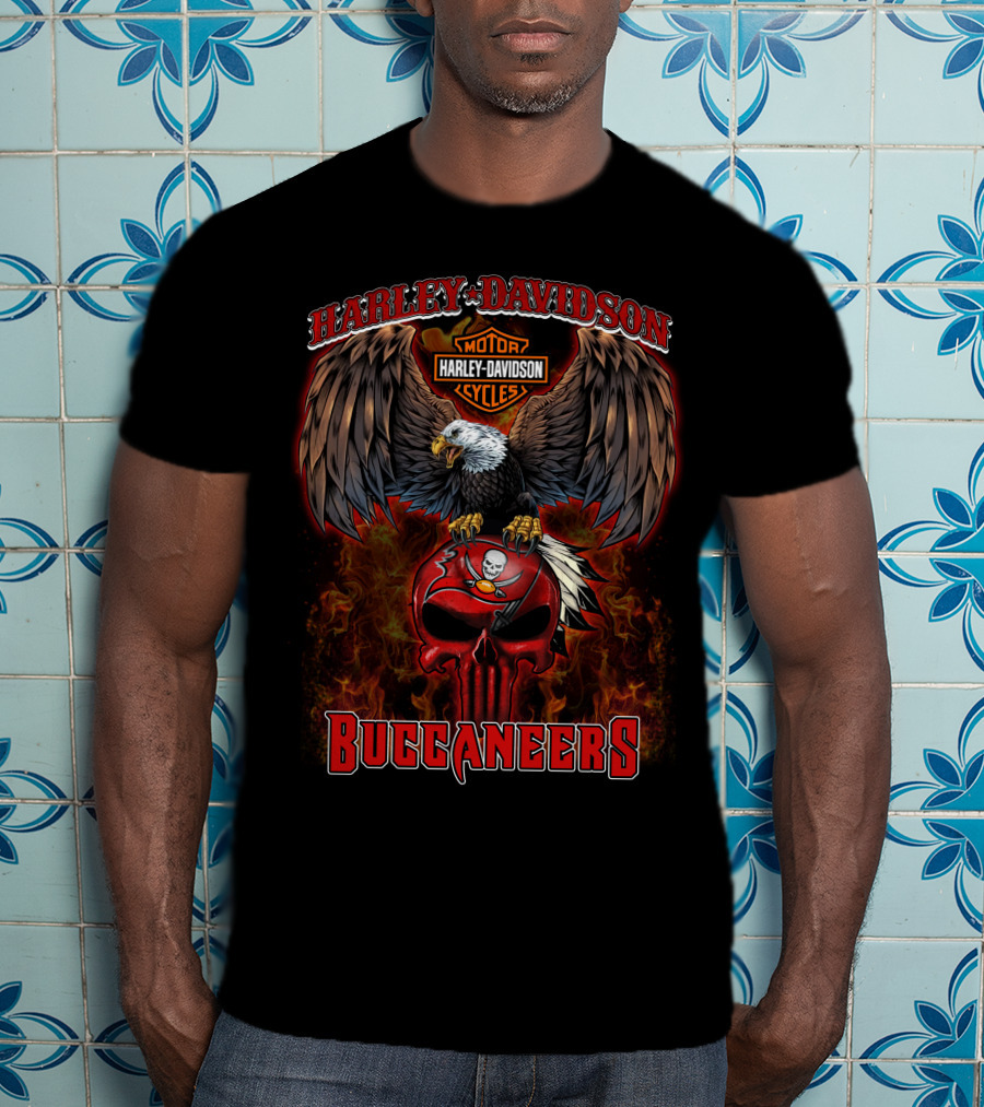 Harley Davidson Motor Cycles Eagle Skull Buccaneers Nfl T-Shirt