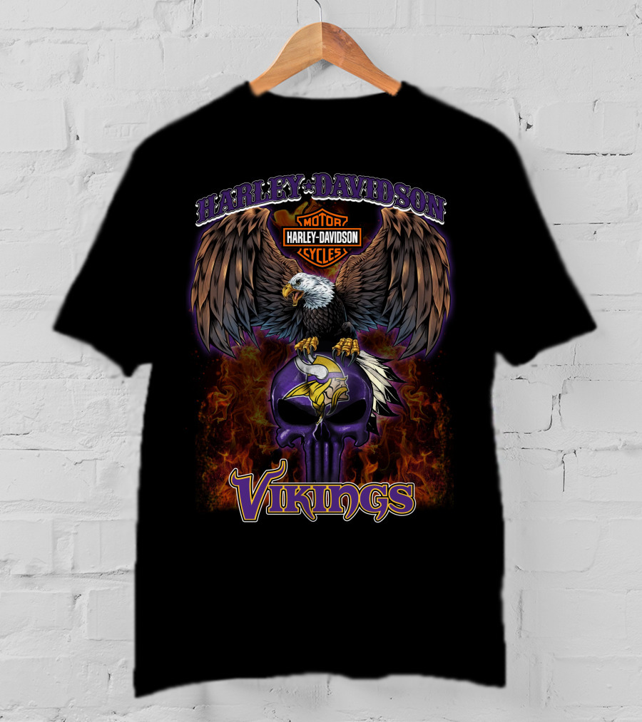 Harley Davidson Motor Cycles Minnesota Vikings Nfl Eagle Skull Flames T-Shirt