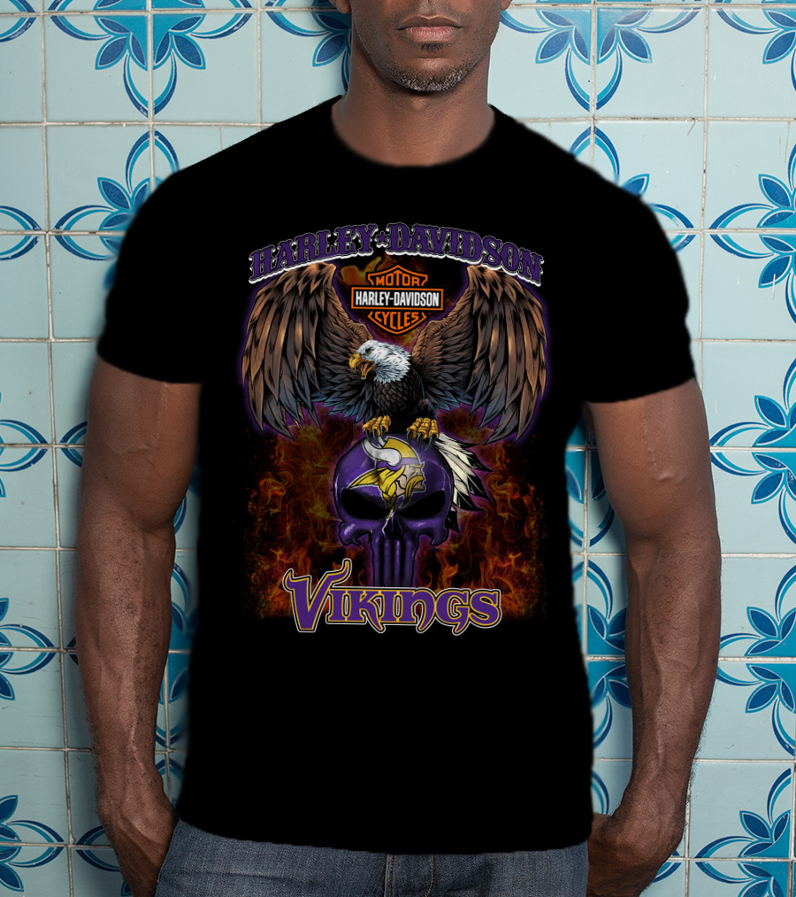 Harley Davidson Motor Cycles Minnesota Vikings Nfl Eagle Skull Flames T-Shirt