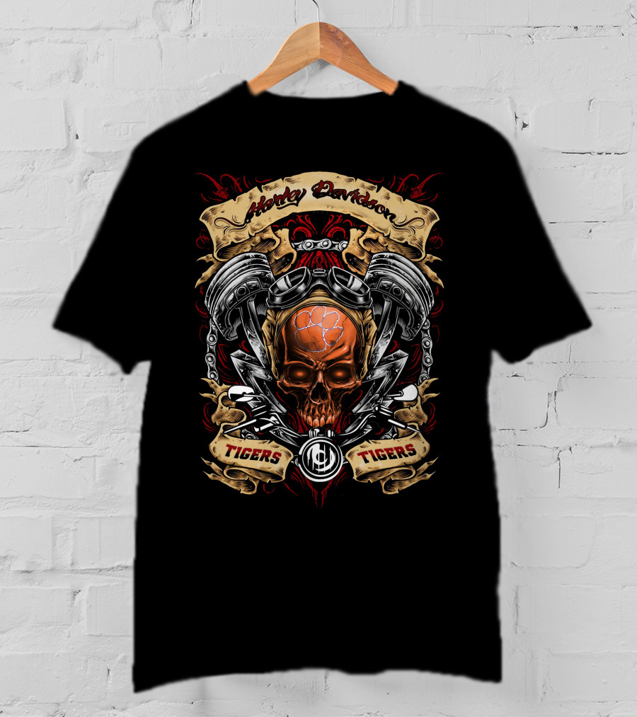 Harley Davidson Clemson Tigers Skull Engine Motif T-Shirt