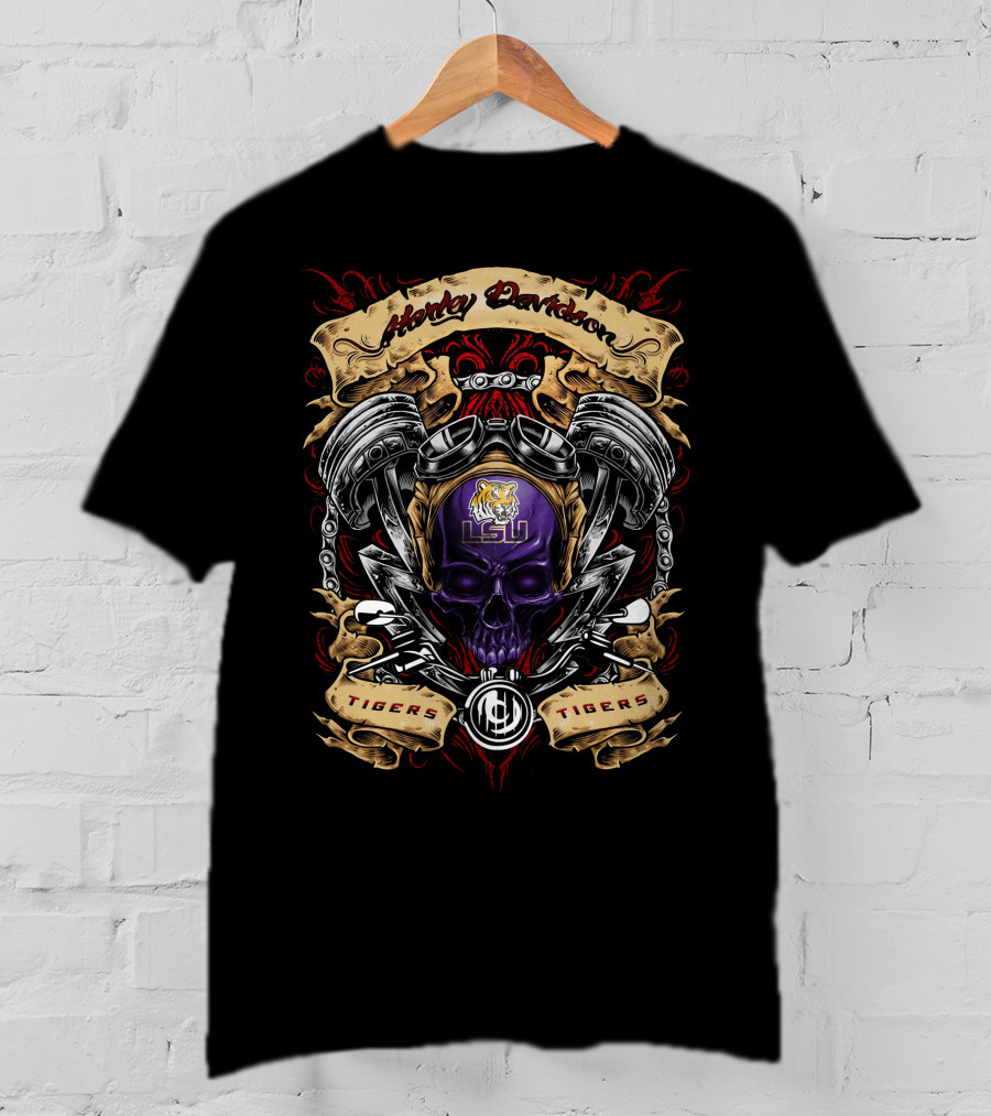 Lsu Tigers Harley Davidson Skull Motorbike Pistons Iconic Ncaa Team Branding T-Shirt