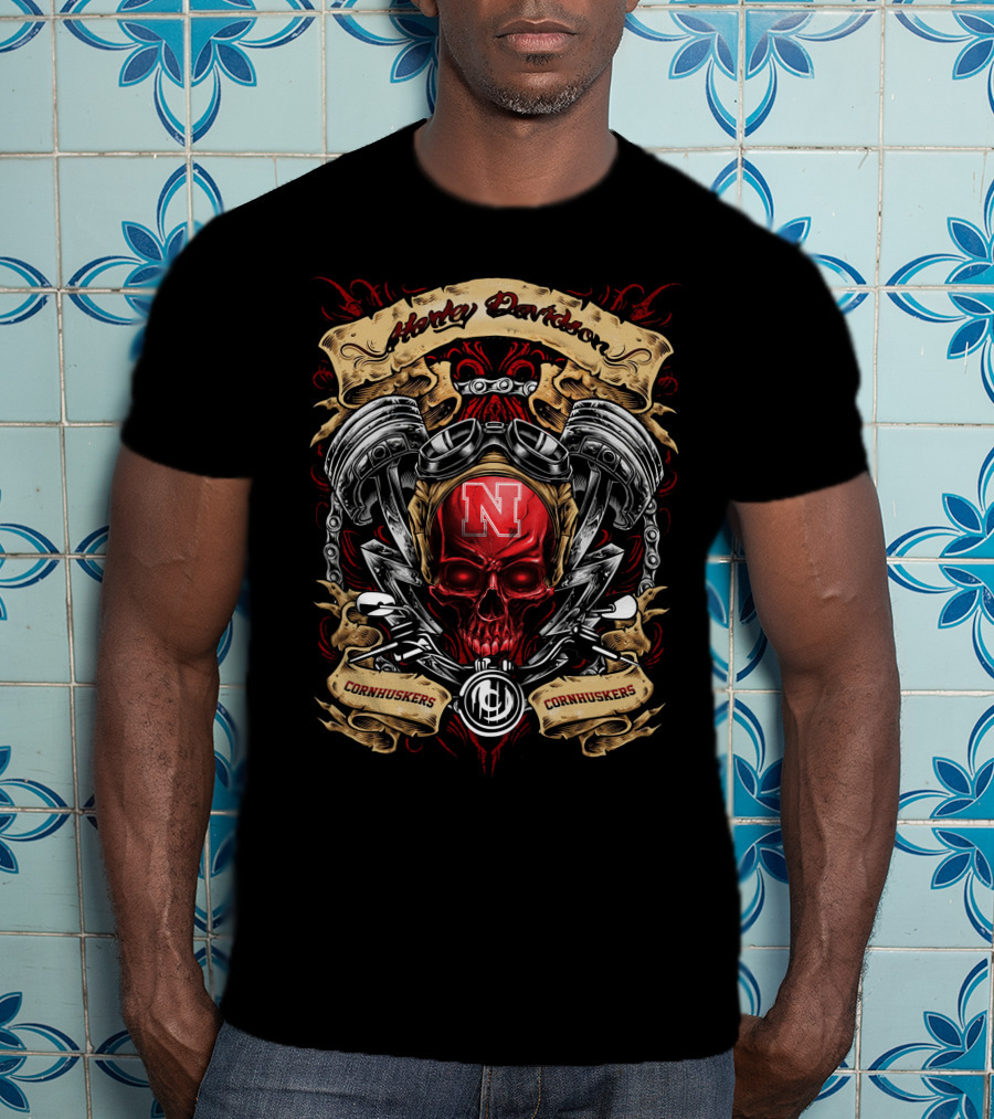 Harley Davidson Nebraska Cornhuskers Ncaa Skull Engine T-Shirt