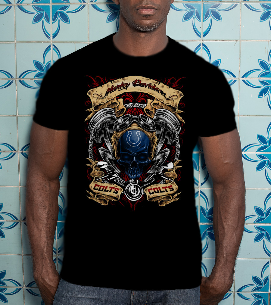 Harley Davidson Indianapolis Colts Nfl Skull Engine Design With Colts T-Shirt