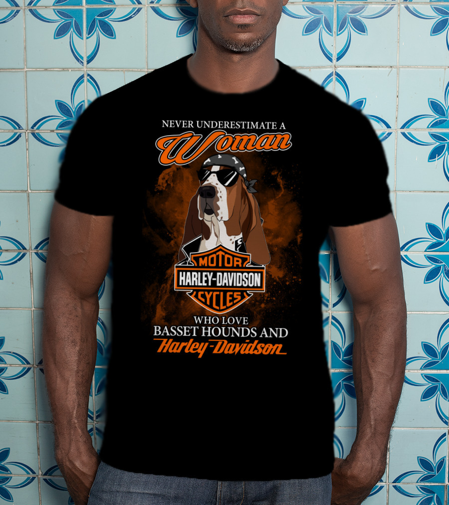 Never Underestimate A Woman Who Loves Basset Hounds And Harley Davidson T-Shirt