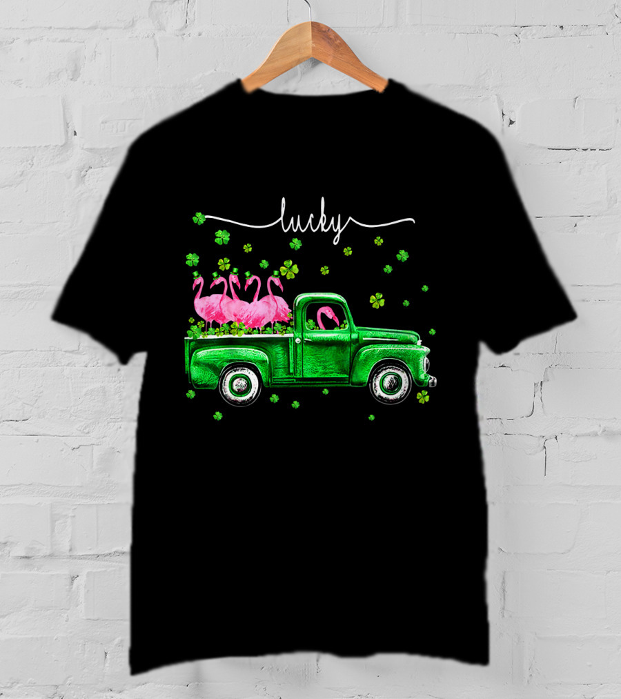 Lucky Flamingo Green Truck With Shamrocks T-Shirt