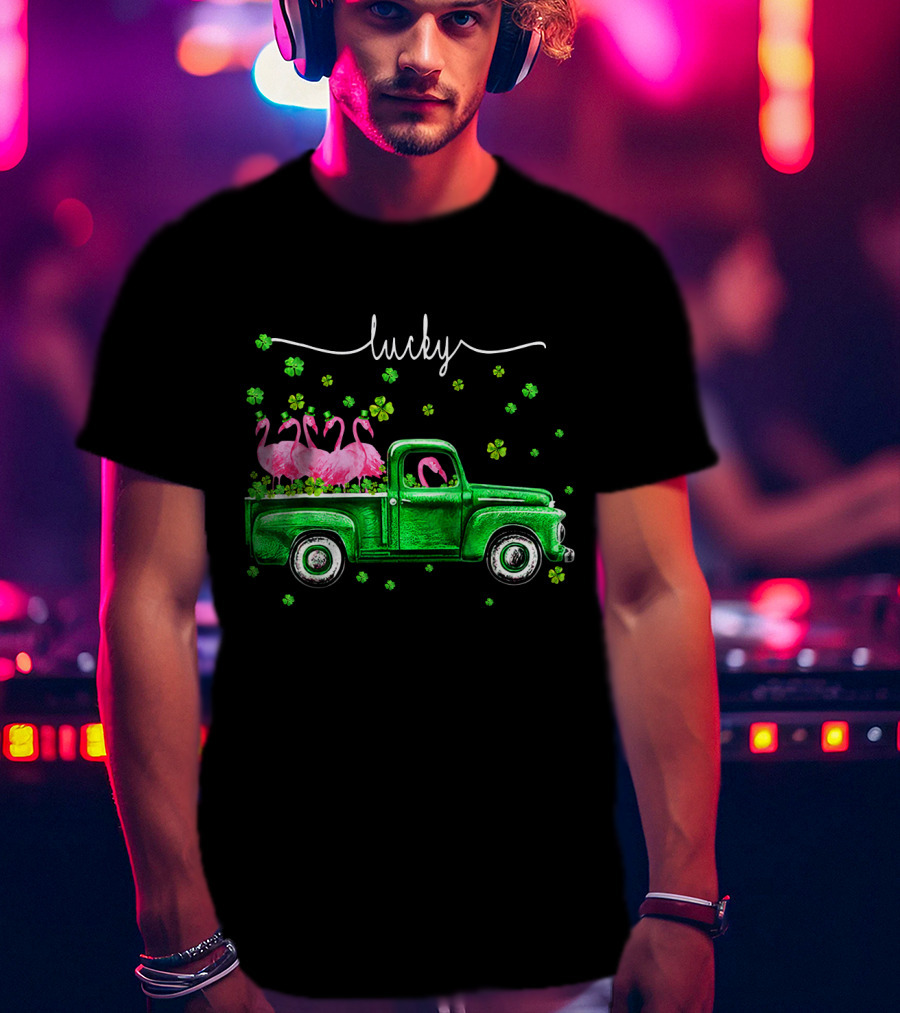 Lucky Flamingo Green Truck With Shamrocks T-Shirt
