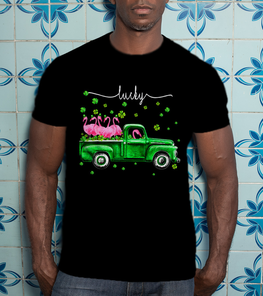 Lucky Flamingo Green Truck With Shamrocks T-Shirt