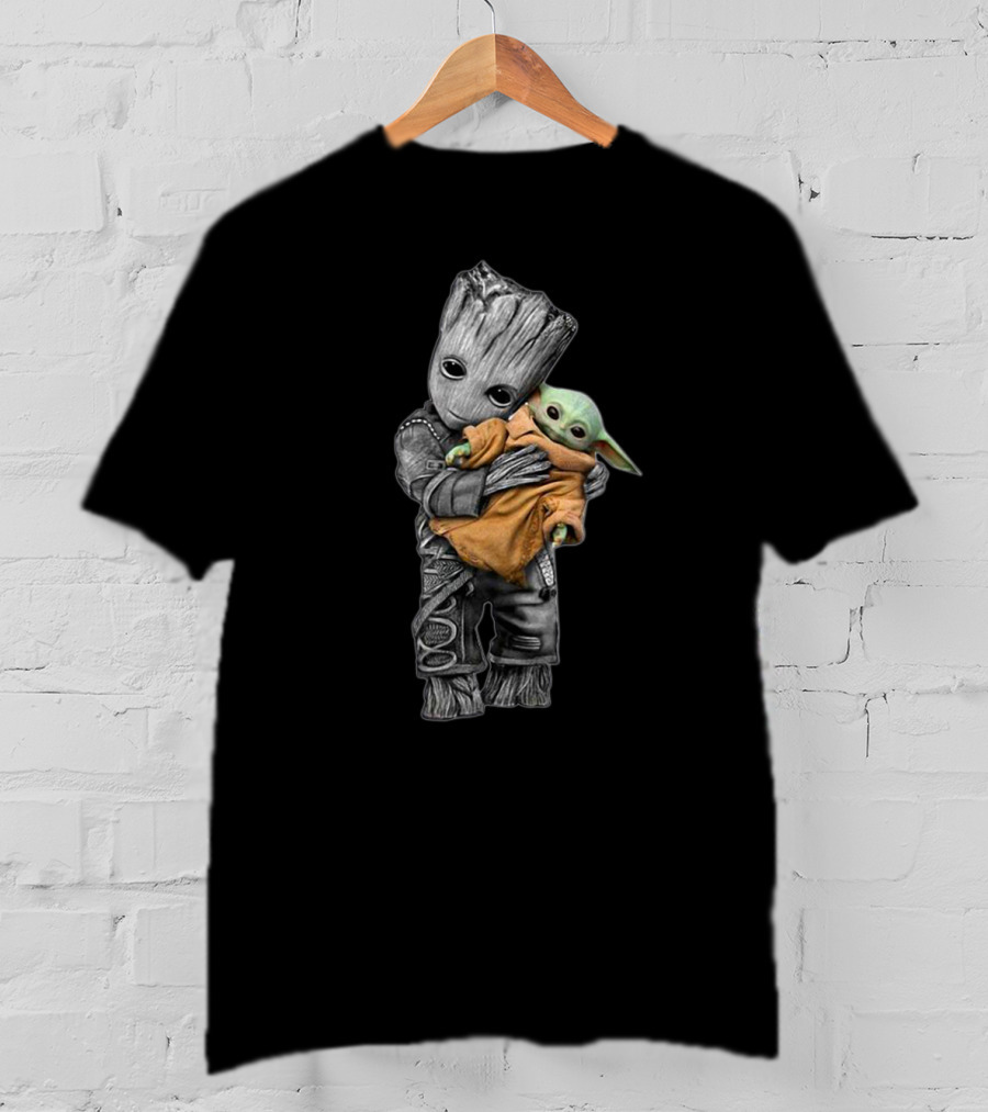 Baby Yoda And Groot Hugging Crossover Characters T-Shirt