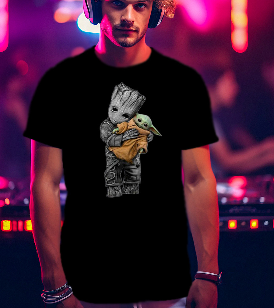 Baby Yoda And Groot Hugging Crossover Characters T-Shirt