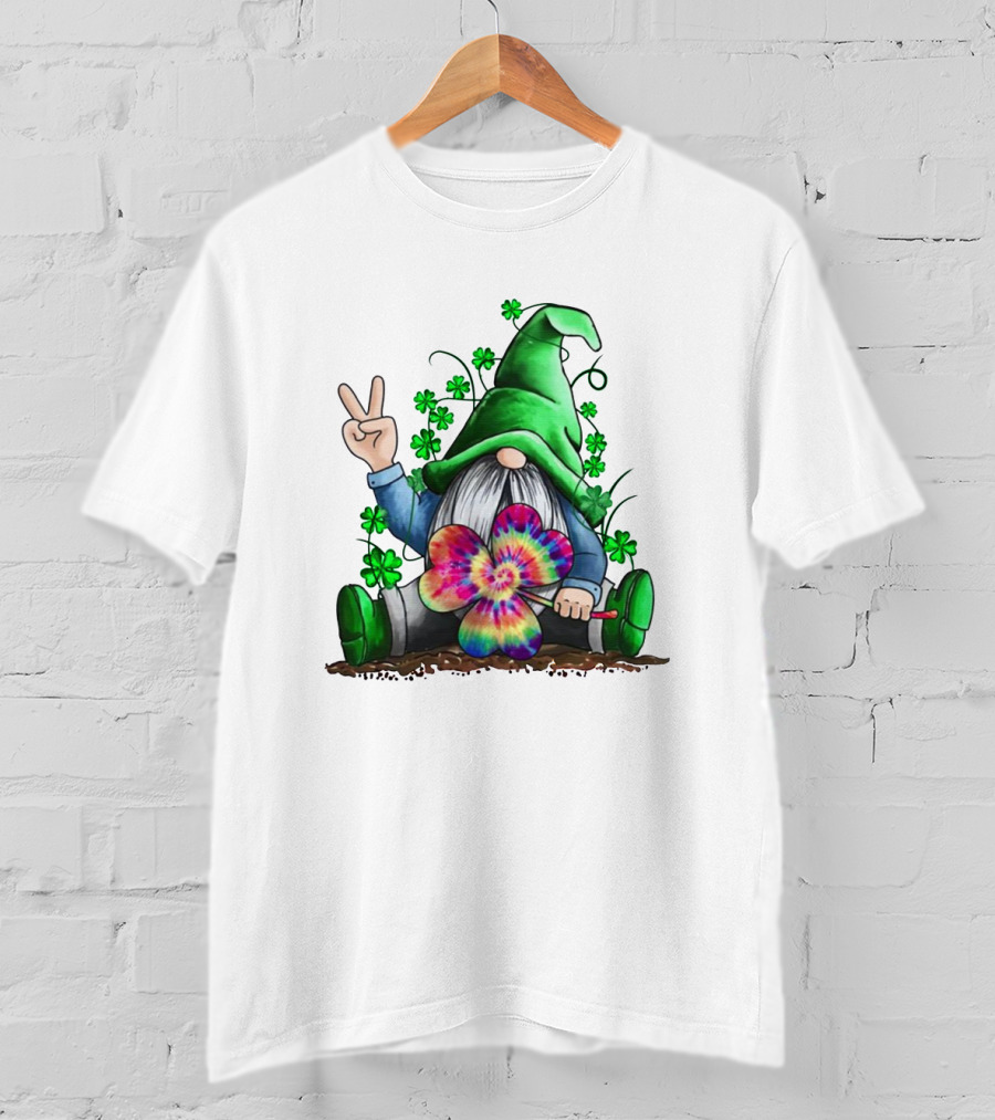 Shamrock Hippie Gnome Peace Sign Tie-Dye Clover Saint Patrick's Day T-Shirt