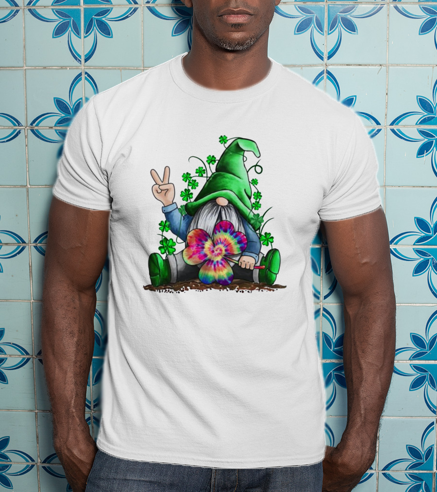 Shamrock Hippie Gnome Peace Sign Tie-Dye Clover Saint Patrick's Day T-Shirt