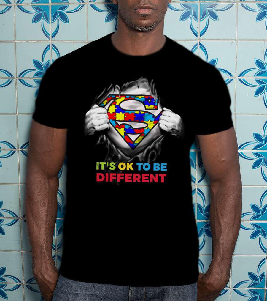 It's Ok To Be Different Superman Logo Autism Puzzle Piece Theme T-Shirt