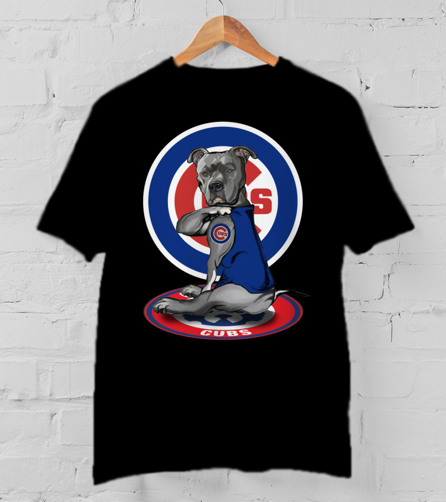 Cubs Pitbull Wearing Blue Jersey With Logo And Circular Emblem T-Shirt