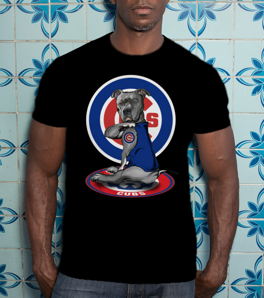Cubs Pitbull Wearing Blue Jersey With Logo And Circular Emblem T-Shirt
