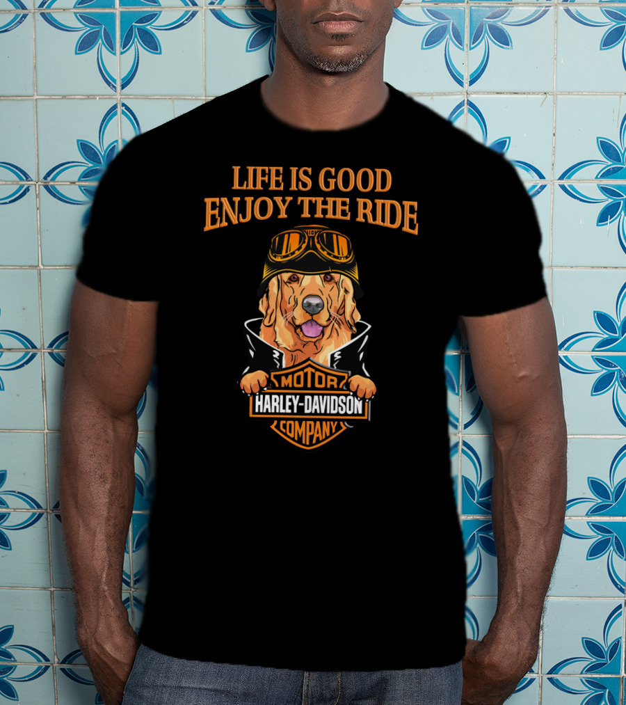 Life Is Good Enjoy The Ride Harley Davidson Golden Retriever Moto Style T-Shirt