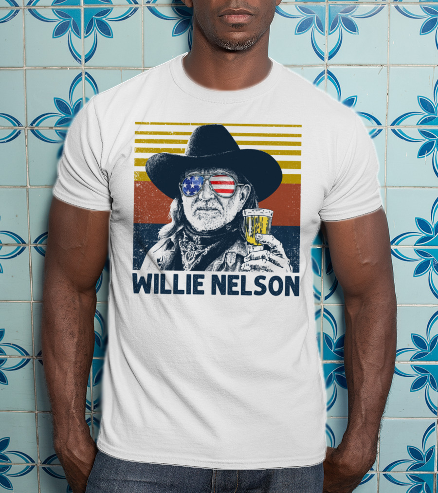 Willie Nelson USA Flag Sunglasses Beer Stripes T-Shirt