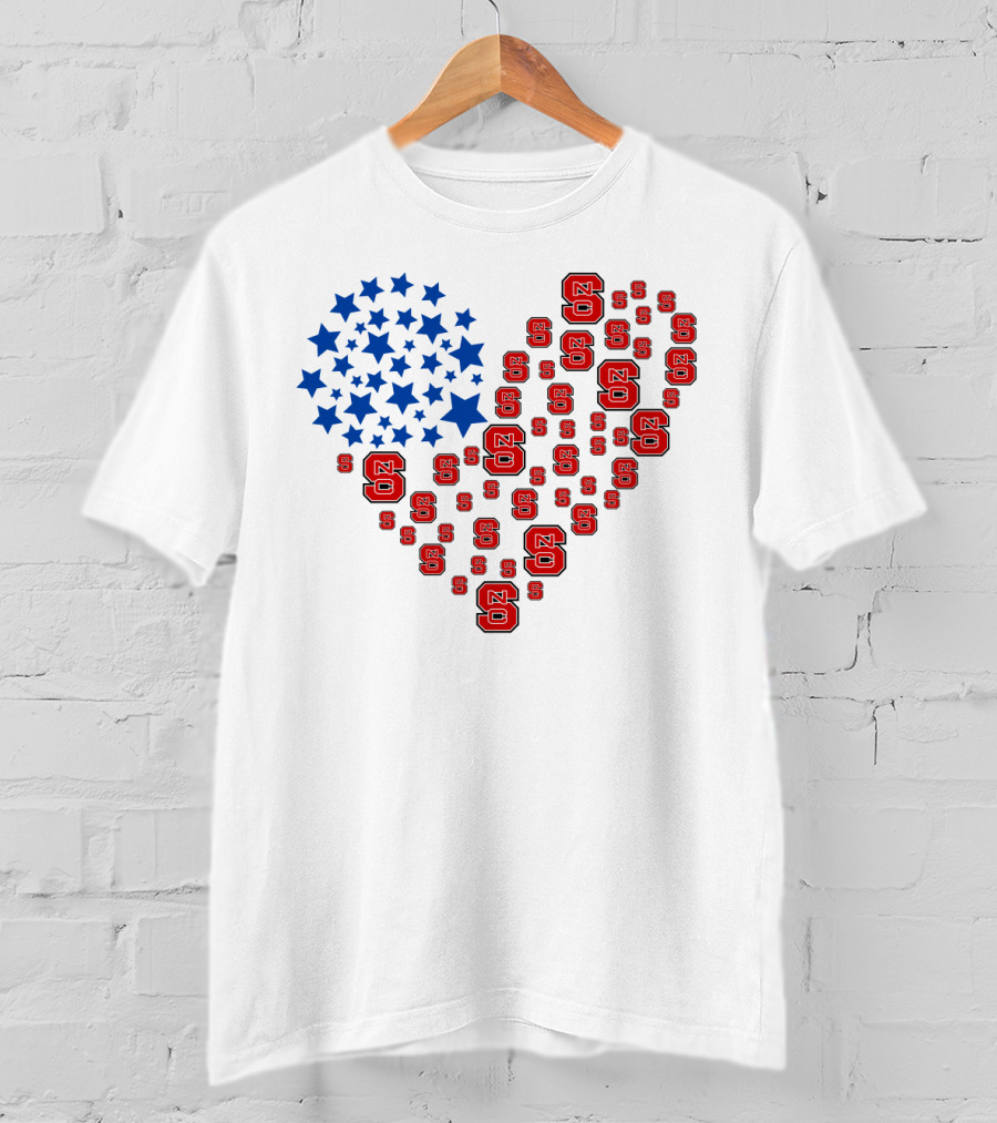 Nc State Heart Flag Blue Stars Red Logos T-Shirt