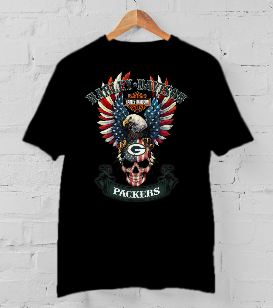 Harley Davidson Motor Cycles Packers Eagle Skull American Flag T-Shirt