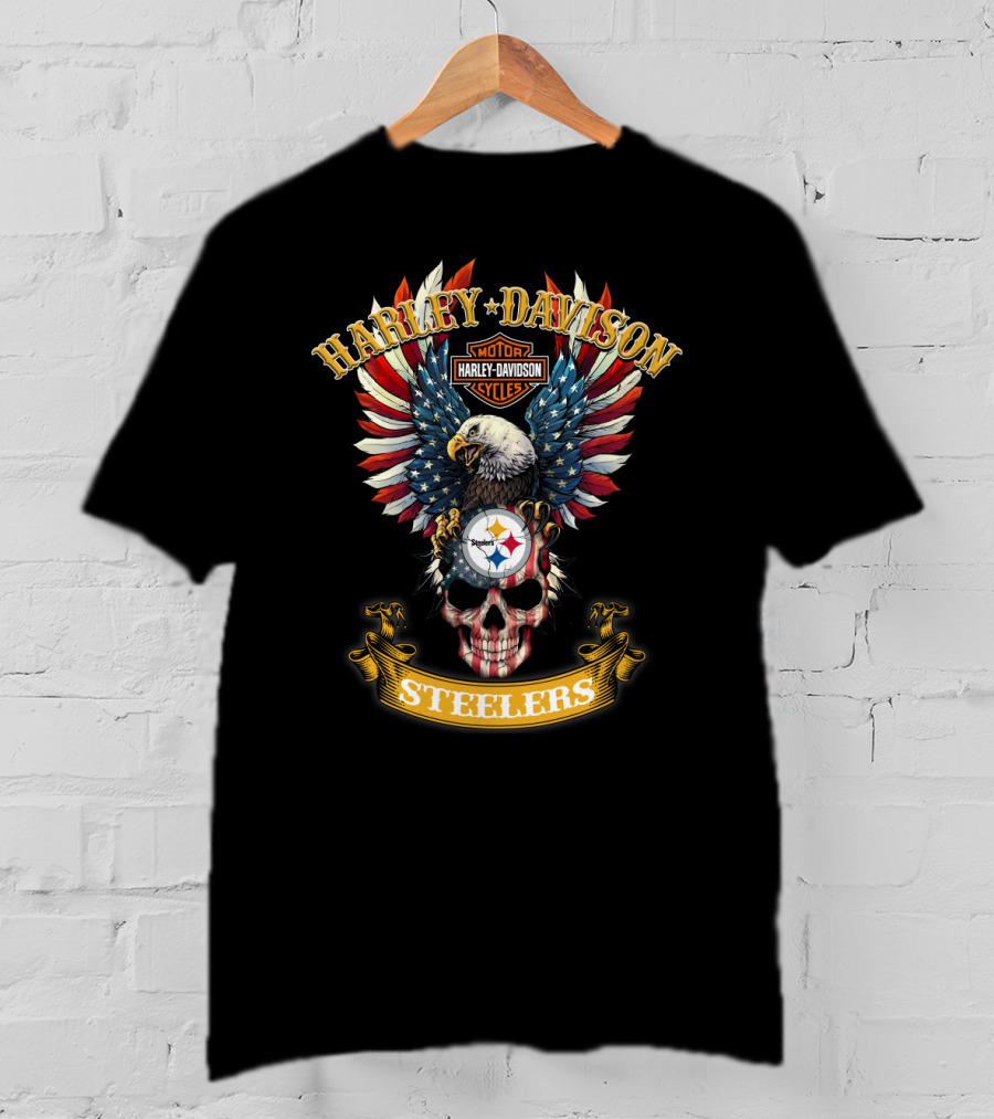 Harley Davidson Pittsburgh Steelers Motorcycle Cycles American Eagle Skull T-Shirt