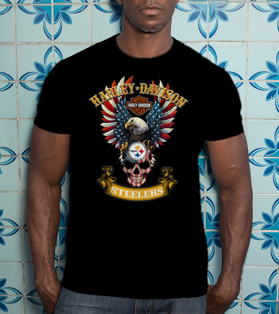 Harley Davidson Pittsburgh Steelers Motorcycle Cycles American Eagle Skull T-Shirt