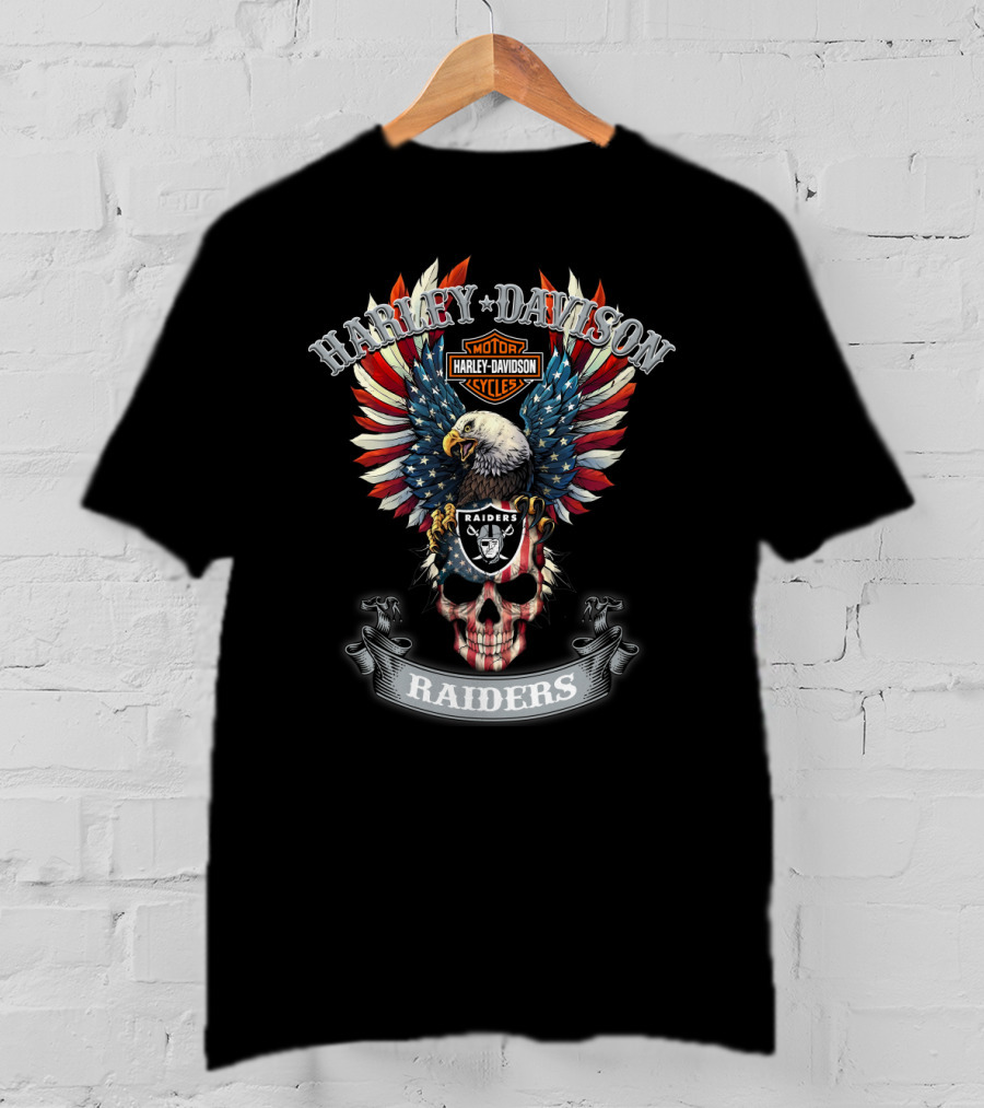 Harley Davidson Motor Cycles Raiders Eagle Skull American Flag T-Shirt