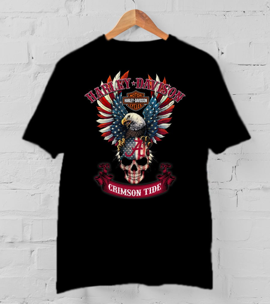 Harley Davidson Crimson Tide Alabama Skull Eagle Usa Flag T-Shirt