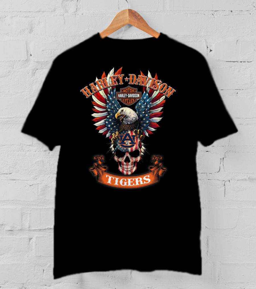 Harley Davidson Motor Cycles Auburn Tigers Bald Eagle Skull Usa Flag T-Shirt