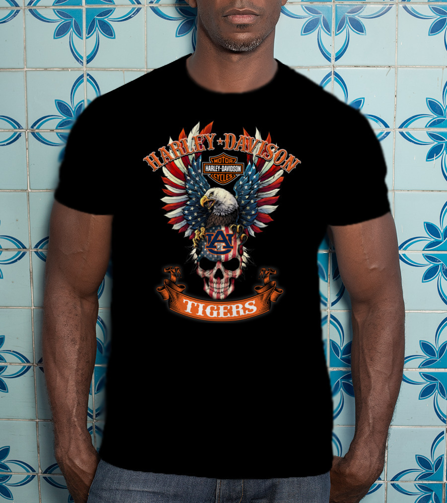 Harley Davidson Motor Cycles Auburn Tigers Bald Eagle Skull Usa Flag T-Shirt