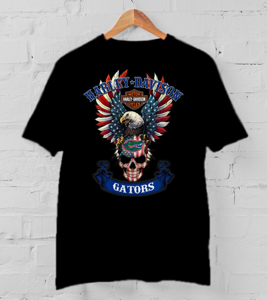 Harley Davidson Motor Cycles Gators Bald Eagle American Flag Skull T-Shirt