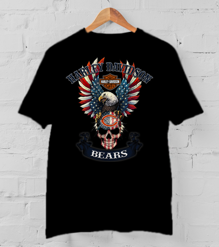 Harley Davidson Motor Cycles Chicago Bears Eagle Skull T-Shirt