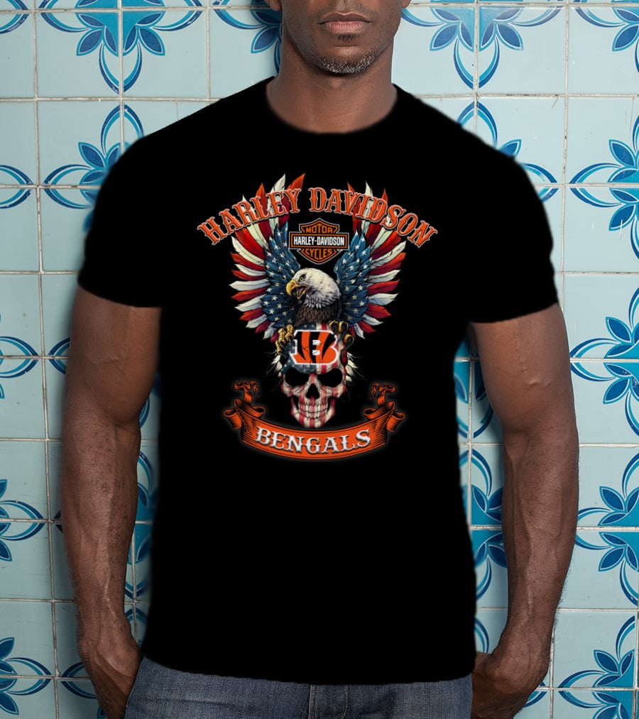 Harley Davidson Motor Cycles Eagle Bengals Nfl Skull T-Shirt