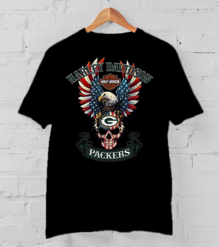 Harley Davidson Motorcycles Packers Nfl Skull Eagle Flag T-Shirt