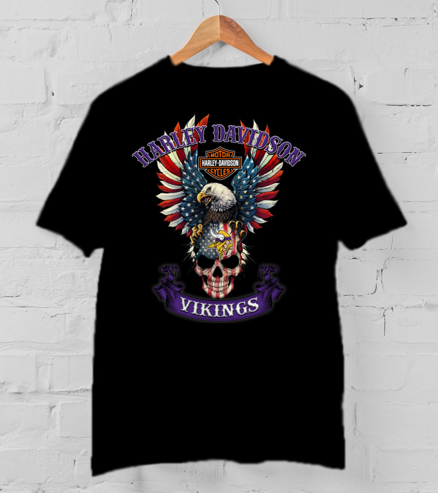 Harley Davidson Motor Cycles Vikings Nfl Bald Eagle Skull American Flag Feathers T-Shirt