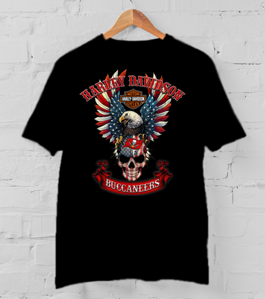 Harley Davidson Motor Cycles Buccaneers Bald Eagle American Flag Skull T-Shirt