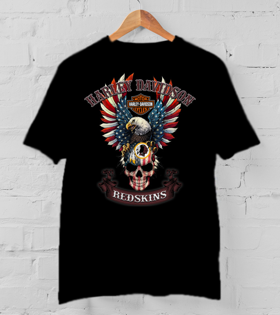 Harley Davidson Motor Cycles Redskins Eagle Skull T-Shirt